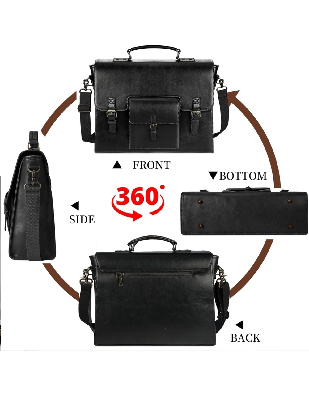 NWOT - Unisex Leather Black Leather Briefcase w/ Front Pocket + Shoulder Strap - Picture 7 of 7